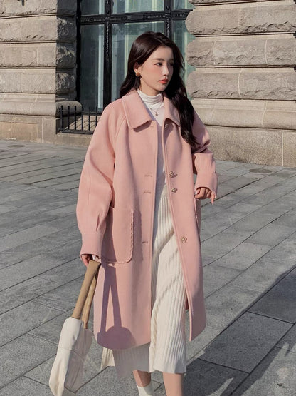 Pink Hepburn woolen coat female autumn and winter small man 2022 new Korean high-grade milk fufu woolen coat