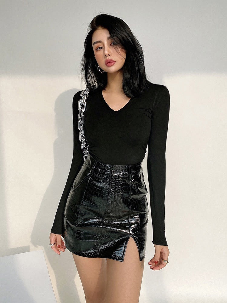 liviahome sexy babes embossed bright leather skirt female high waist slim bag hip A word slit skirt skirt skirt