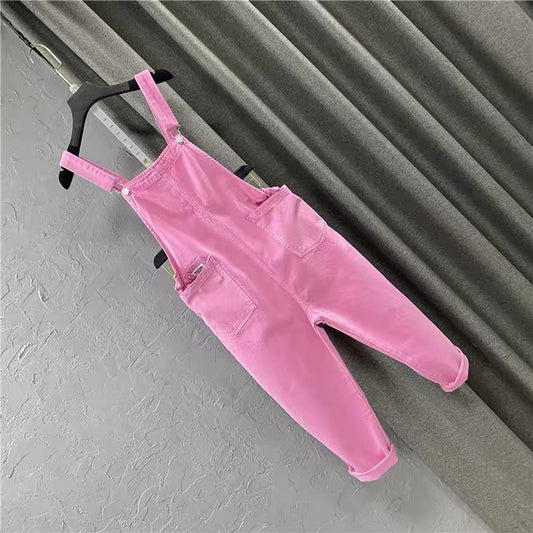 Pink denim overalls women's nine-point pants 2022 new autumn loose loose age-reducing casual wide-leg one-piece harem pants W139