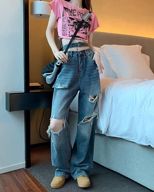 Kumikumi high-waisted hollow jeans women's summer loose and thin ripped wide-leg pants straight-leg mopping long pants 3939
