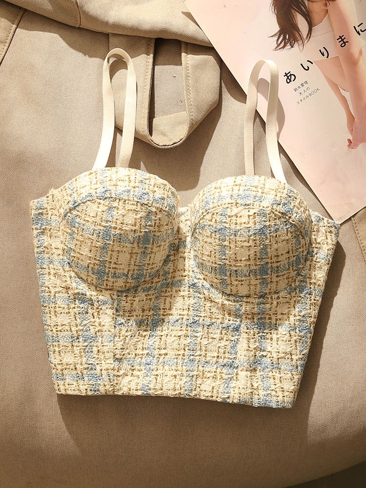 French Houndstooth Fishbone Camisole Small Vest Women's Sexy Shaping Bra with Breast Pads Bottom Tube Top