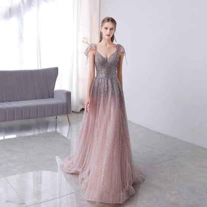 Pink purple V-neck one-shoulder high-end evening dress female 2022 new bridal banquet toast clothing annual meeting show