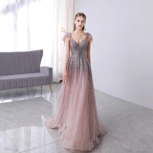 Pink purple V-neck one-shoulder high-end evening dress female 2022 new bridal banquet toast clothing annual meeting show