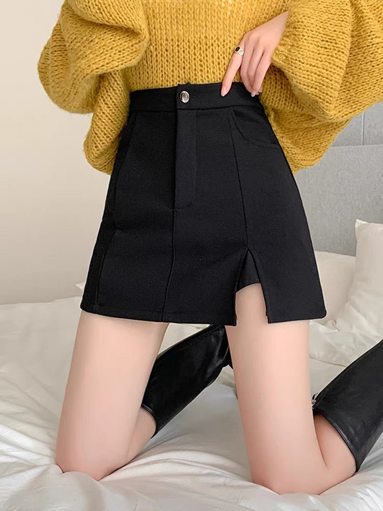High waist slit black skirt women's autumn and winter new thickened lining anti-light babes a-line bag hip short skirt