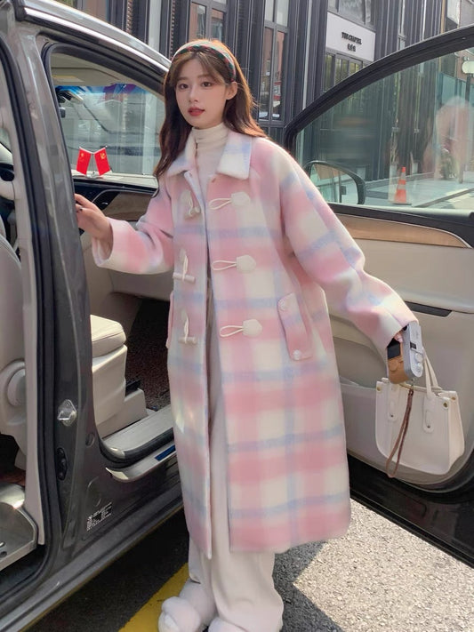 Pink horn buckle woolen coat women's winter plaid Korean style gentle and sweet 2022 new small woolen coat