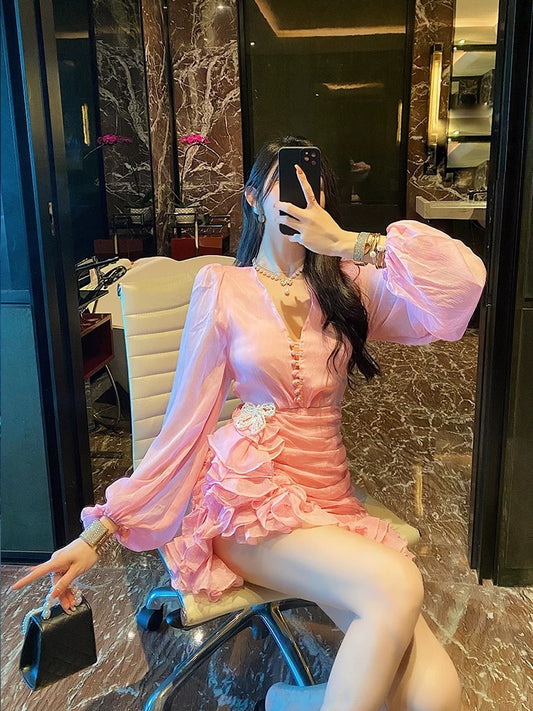 BETTER LS French high-end ruffle dress spring and summer 2022 new temperament v-neck hip skirt