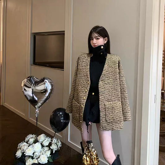 KKK STUDIO wool small fragrant wind heavy industry tweed woven wool coat women's winter new suit coat