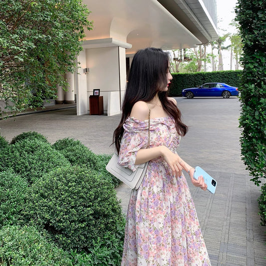 ByYou summer new sexy one-shoulder floral dress women's waist and slim mid-length puff sleeve skirt 1156