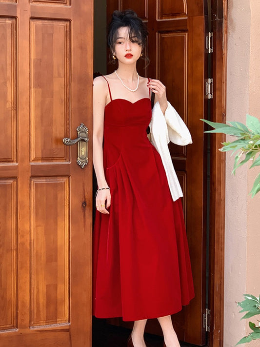 Jiuwu Homemade French Retro High Waist Slim Suspender Velvet Dress Spring Mid-length Over-the-Knee Base Skirt Female