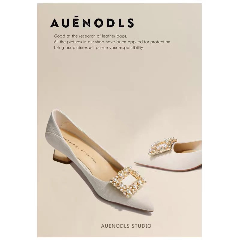 AUENODLS leather French square buckle pointed toe thick heel single shoes wedding shoes nude white simple and generous high heels women