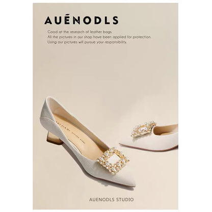 AUENODLS leather French square buckle pointed toe thick heel single shoes wedding shoes nude white simple and generous high heels women