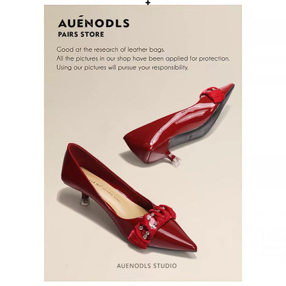AUENODLS leather wine red word lace pointed high-heeled shoes women patent leather bridesmaid low stiletto wedding shoes women