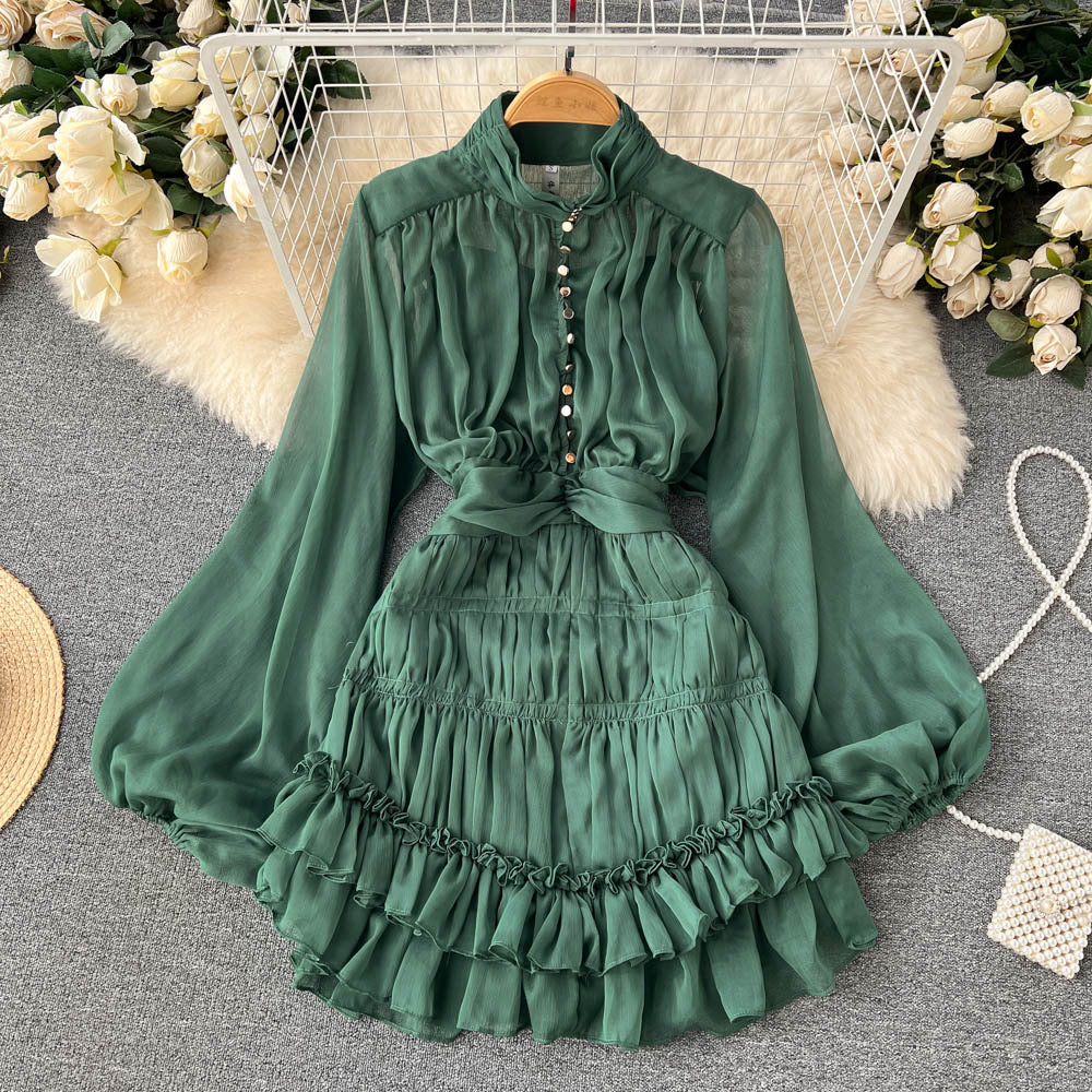 Spring and Autumn French Sweet Temperament Dress Female Waist Slim Chic Ruffles Stand Collar Princess Fairy Petit Skirt