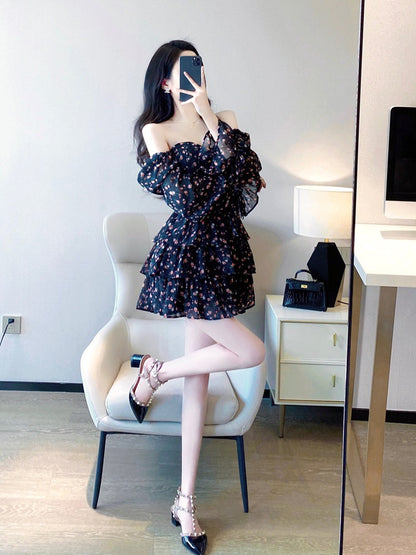 Black Floral Dress 2023 Spring and Autumn New French Temperament Ladies Bandage Tube Top Sweet A-line Cake Dress