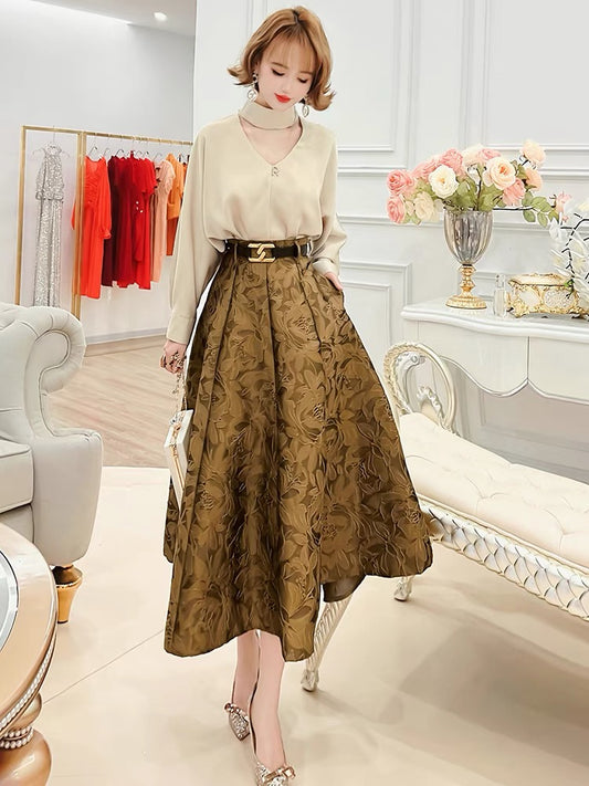 Feijie customized fashion high waist jacquard skirt 2022 autumn new women's slim and tall A-line skirt