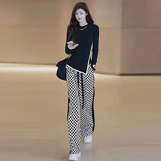 Fried Street Sports and Leisure Suit Women's Autumn 2022 New Fashion Western-style Sweater Plaid Wide Leg Pants Net Red Two-piece Set
