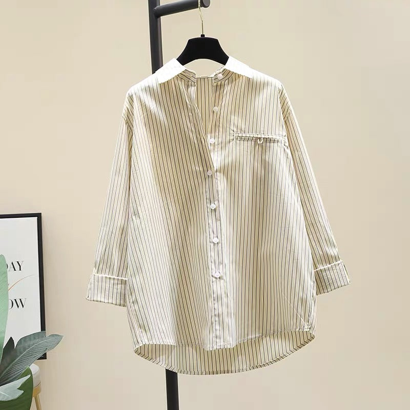 Yellow striped lapel shirt women's 2022 early autumn new Korean version loose casual long-sleeved shirt sunscreen shirt top
