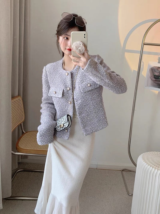 CHICROOM purple small fragrance coat women's short style small man 2022 autumn temperament celebrity style short coat