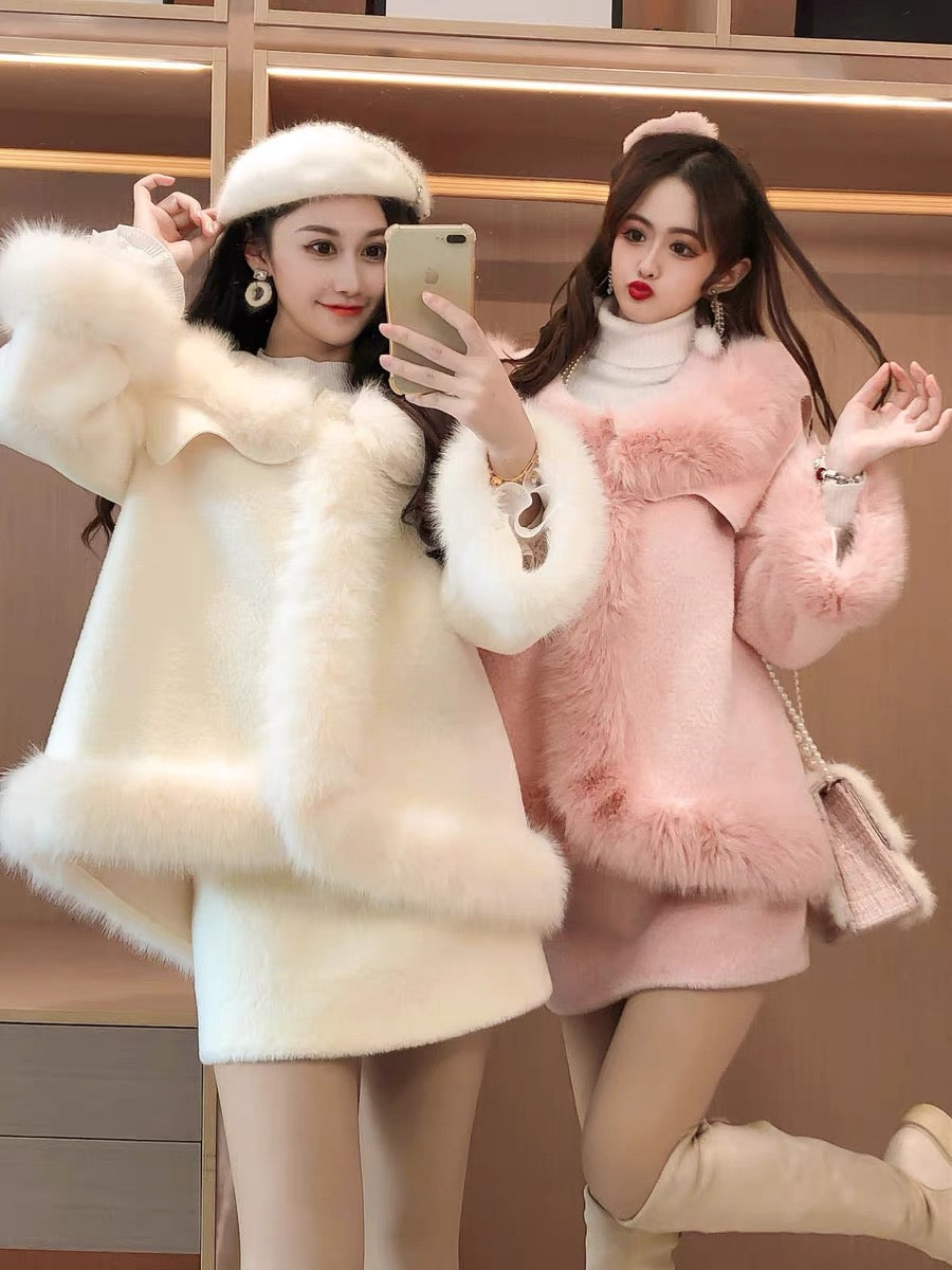 Celebrity temperament furry wavy coat skirt salt light familiar style two-piece suit female 2022 new winter
