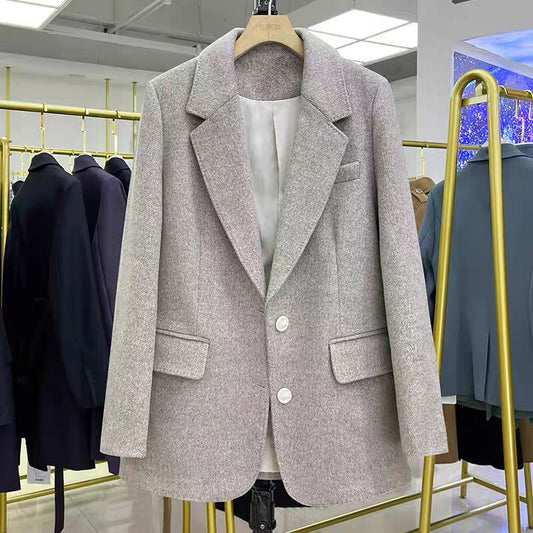 Gray British style Korean style suit jacket women's woolen fashion foreign style all-match 2022 autumn and winter new slim tops