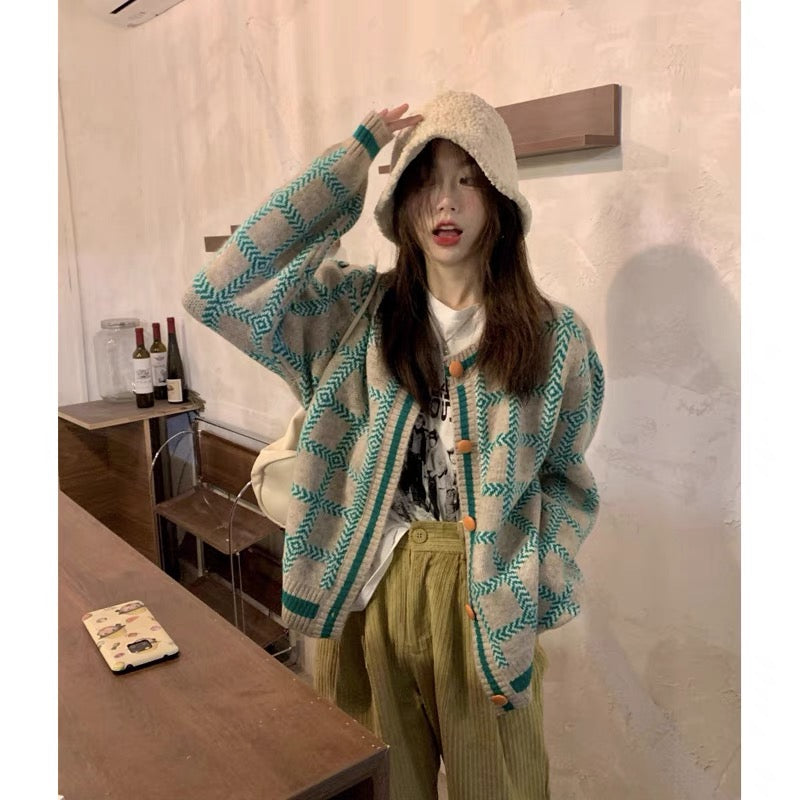 Retro Plaid Long Sleeve Sweater Jacket Women's Fall 2022 New Lazy Wind Loose Japanese Knit Cardigan Top