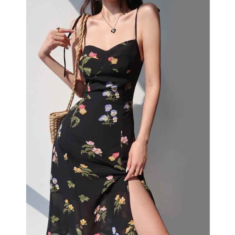 French style black printed high waist suspender skirt retro sexy waist slim side slit tie dress long skirt female