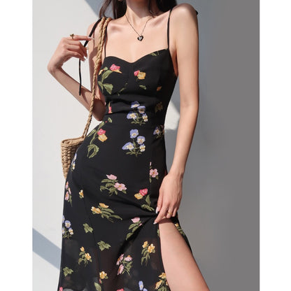 French style black printed high waist suspender skirt retro sexy waist slim side slit tie dress long skirt female
