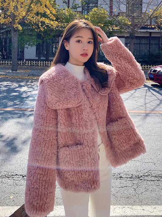 Pink lamb wool coat women's autumn and winter 2022 new Korean style small man high-end temperament fur coat