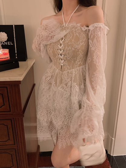 BETTER LS Spice Girl Pure Desire Style Sling Halter Neck Dress Female Lady Temperament Strapless Sexy Lace Skirt