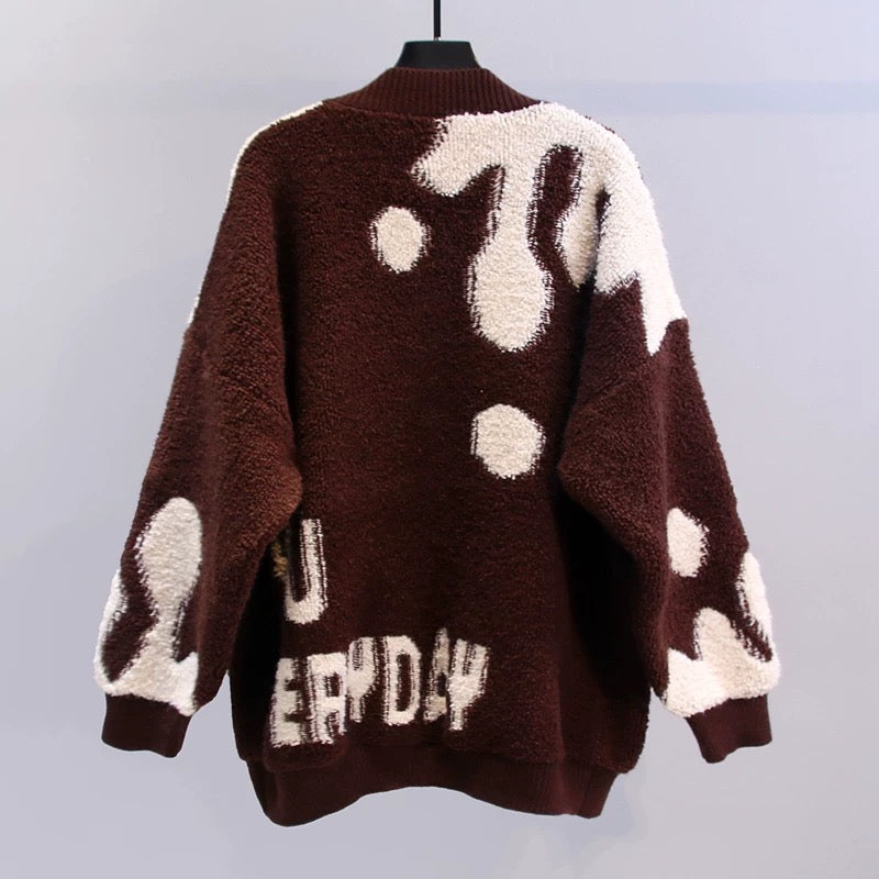 Japanese cartoon alphabet sweater jacket women's autumn and winter 2022 new loose and lazy style fashion age-reducing knitted cardigan
