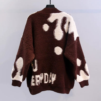 Japanese cartoon alphabet sweater jacket women's autumn and winter 2022 new loose and lazy style fashion age-reducing knitted cardigan