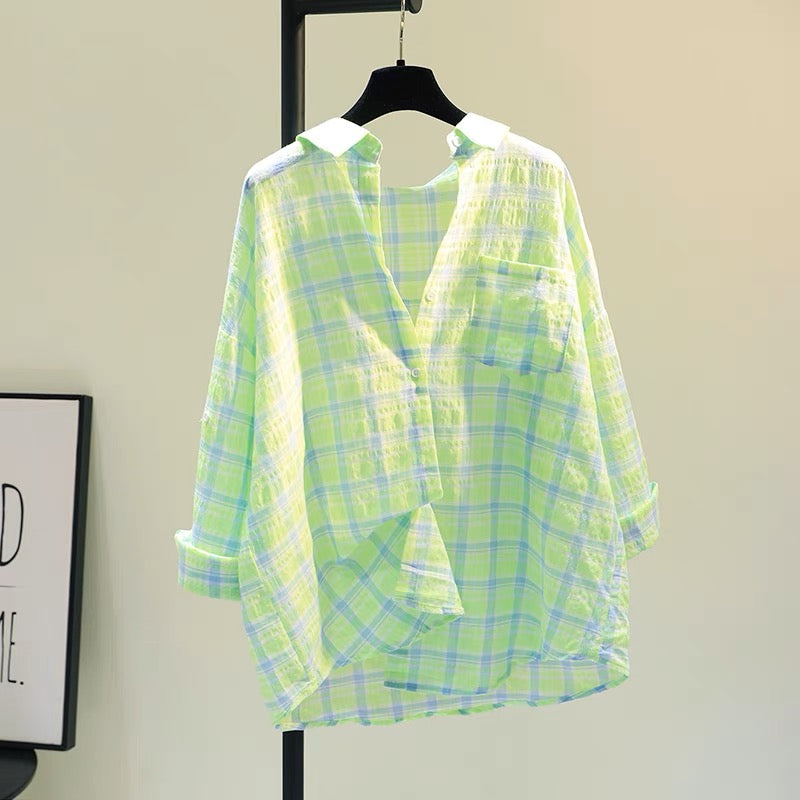 Fruit green single pocket cotton and linen plaid shirt women 2023 spring new Korean style loose casual shirt top tide