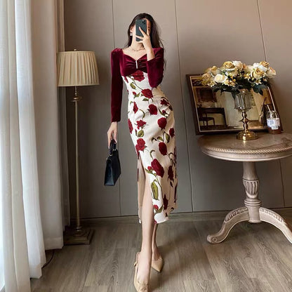 French retro rose print high-end small court style temperament thin high waist slit dress autumn women