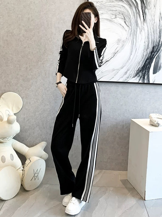Fashionable fried street sports and leisure suits women's autumn 2022 new popular foreign style cardigan sweater wide-leg pants two-piece set