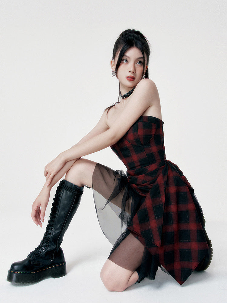 VOCK Original Rebellious Romance Punk Rock Red Heige Sweet Cool Waist Slimming Irregular Splicing Yarn Tube Top Dress