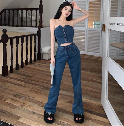 Suit female summer hot girl sexy tube top vest high waist loose slim straight trousers retro denim two-piece set