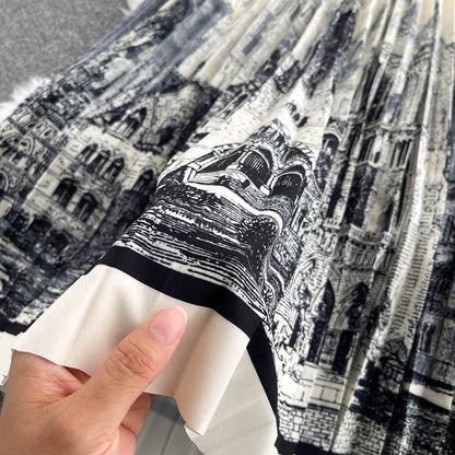 Hepburn style French early autumn fashion dress female waist slimming ink painting print stitching knitted pleated long skirt