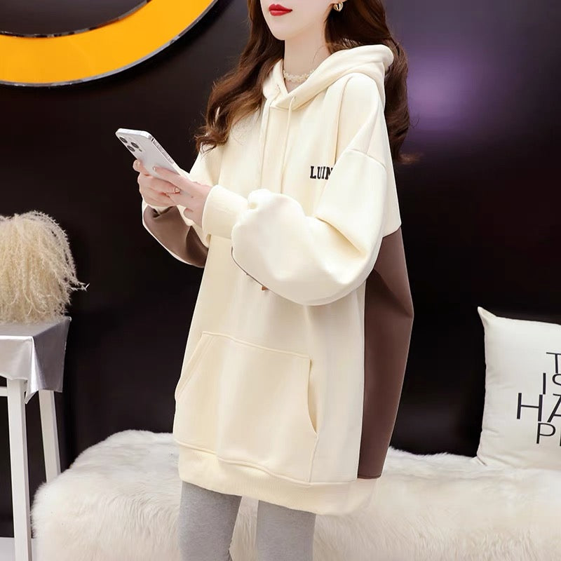 Fleece and thickened hooded sweater women's mid-length 2022 new autumn and winter hot style foreign style loose design coat
