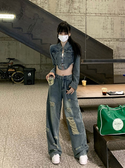 Washed worn jeans spring 2023 new high waist wide leg pants ins trousers women's hot girl fashion suit