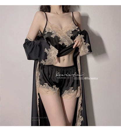RESISTU French ladies sexy lace sling pajamas female backless ice silk nightgown three-piece suit summer