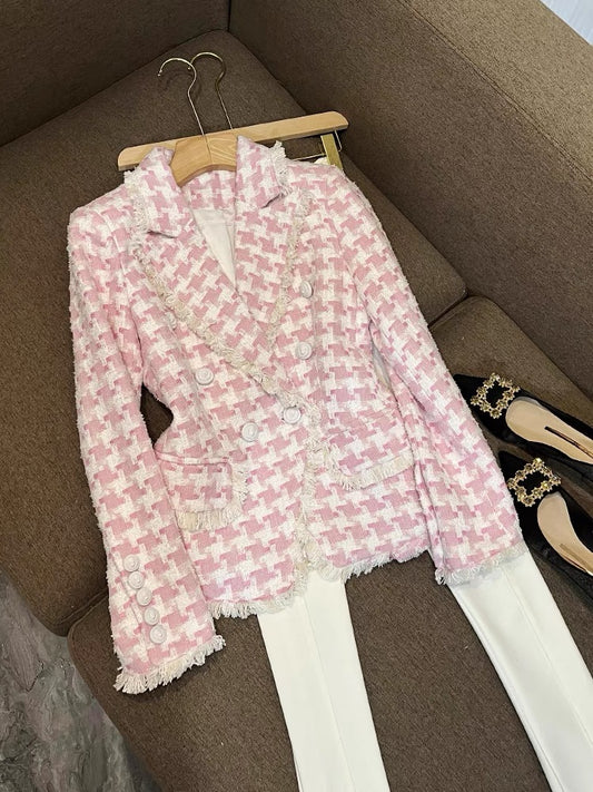 European station 2022 temperament women's jacket lion button houndstooth woolen loose beard slim suit 6579 long sleeves