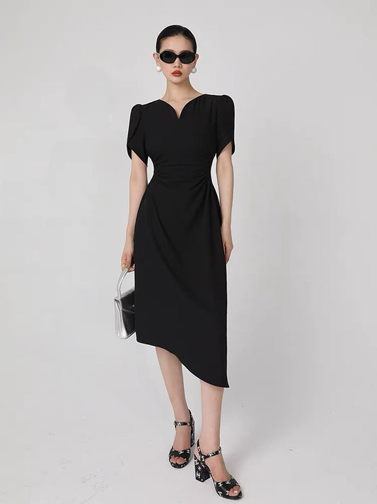 WANGXO purple puff sleeve dress women's summer 2022 new waist and slim design mid-length skirt