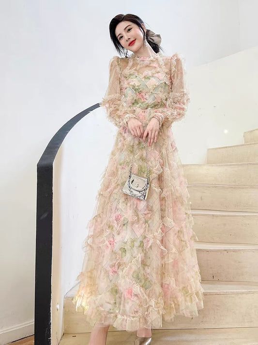 Long-sleeved floral dress spring 2022 new female fairy Hepburn style French dress palace style princess dress 1406