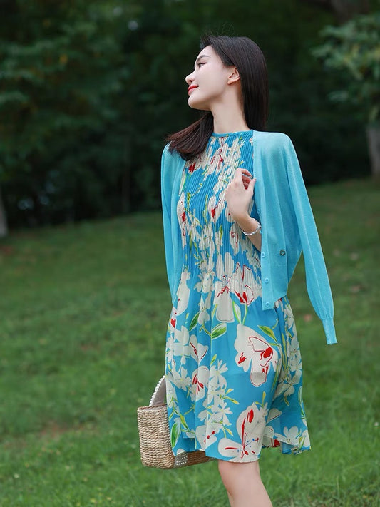 Celebrity-style temperament women's clothing 2022 new suit early autumn knitted sweater pleated print dress fashion two-piece set