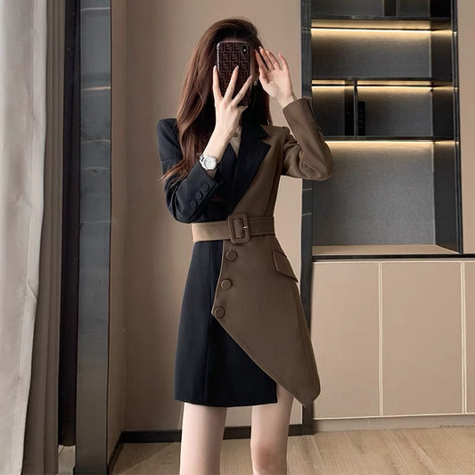 Autumn 2022 new women's French waist high-end sense irregular color contrast dress design sense niche suit skirt