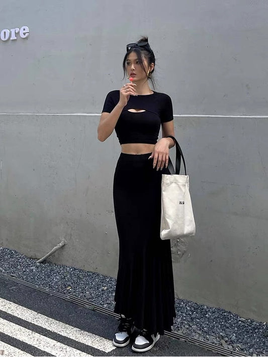 Well also black round neck short-sleeved t-shirt women's summer hollow design sexy tight waist open back short top