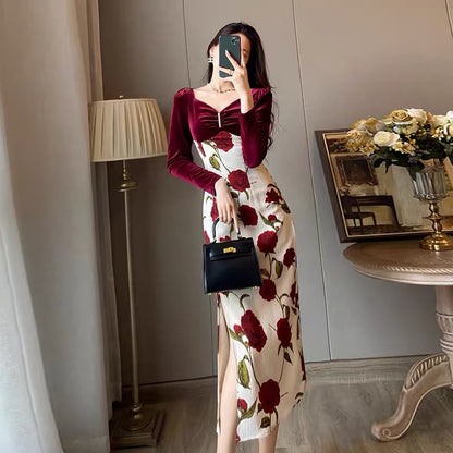 French retro rose print high-end small court style temperament thin high waist slit dress autumn women