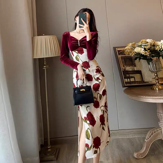 French retro rose print high-end small court style temperament thin high waist slit dress autumn women