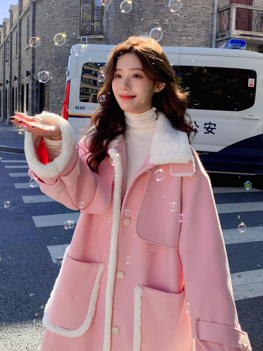 Pink lamb wool woolen coat women's winter thickened stand collar 2022 new Korean style gentle advanced woolen coat