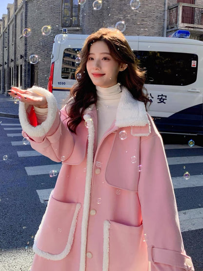 Pink lamb wool woolen coat women's winter thickened stand collar 2022 new Korean style gentle advanced woolen coat